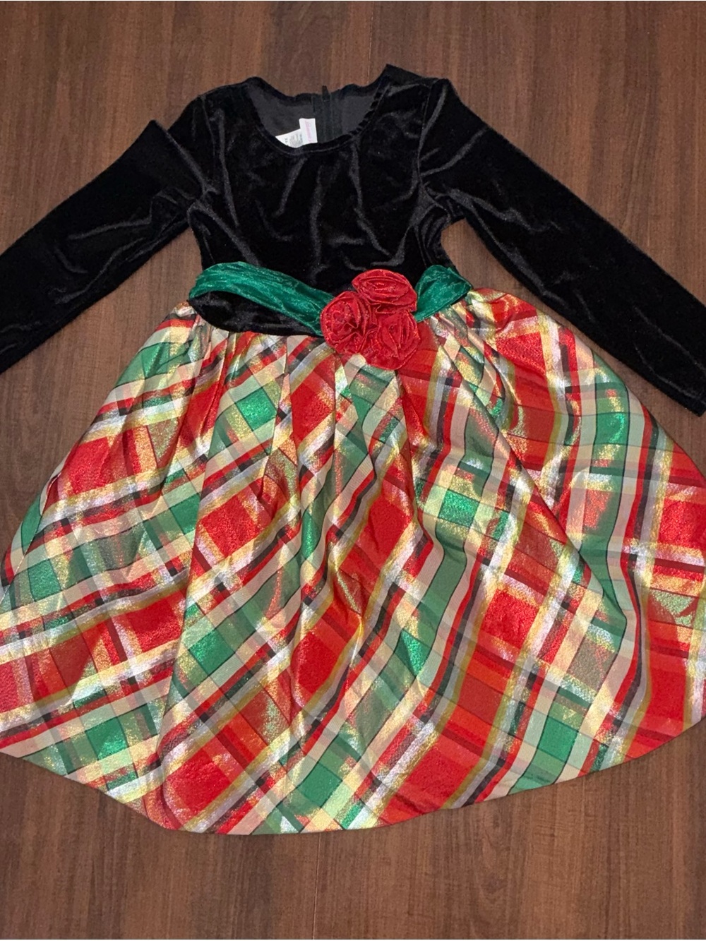 Bonnie Jean Black Velvet Top Red & Green Plaid Holiday Dress